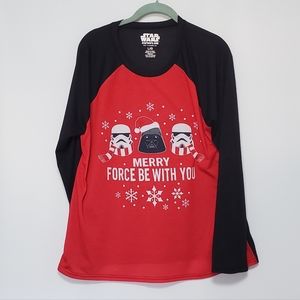 Star Wars Christmas Merry Force Be With You red & black long sleeve top Large